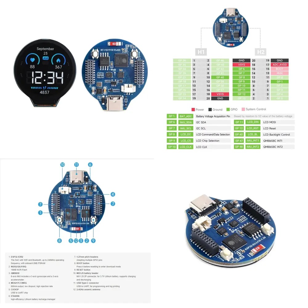 Esp32 S3 - บอร์ดพัฒนา ESP32-S3 LCD หน้าจอ IPS ทรงกลมขนาด